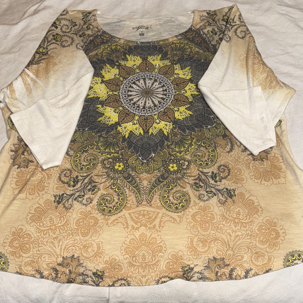 Style & Co. Beige and Yellow Mandala Long Sleeve Top